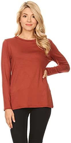 WFFS Womens Round Neck Basic Premium Fabric Long Sleeves Tunic T Shirt Top (Medium, Tobaco)