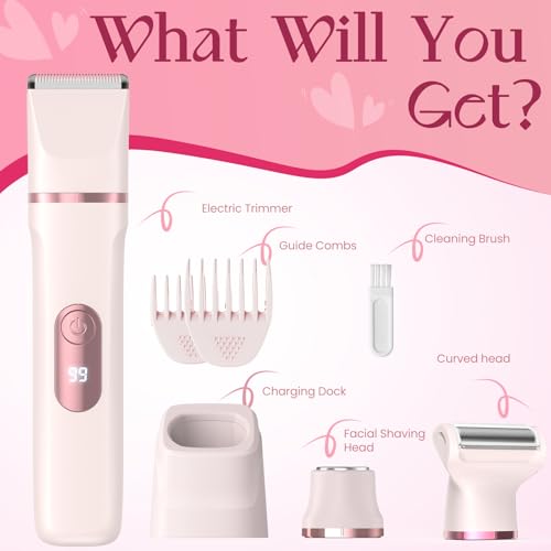 Bikini Trimmer for Women, 3-in-1 Lady Shaver with LED Display, Electric Razor for Women, Pubic Hair Trimmer, IPX7 Waterproof Wet & Dry, Ceramic Blade, USB Charging Dock, Pink