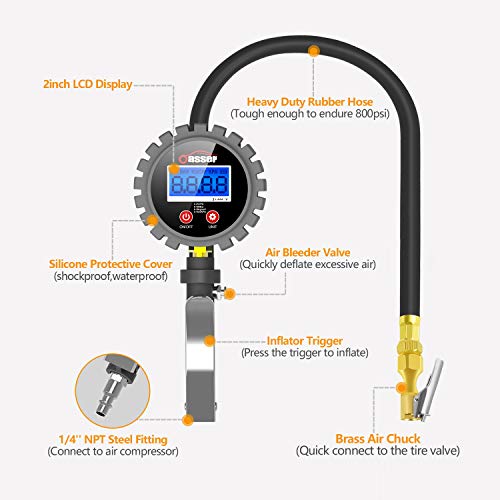 Oasser Digital Tire Pressure Gauge with Tire Inflator Deflator Air Compressor Accessories with Dual Head Air Chuck 1/4" NPT Backlit LCD 255PSI P5