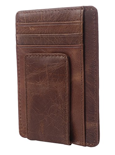 Hopsooken Money Clip RFID Front Pocket Wallet Men Leather Slim Minimalist Wallet (Brown with ID Window (Crazy Hourse Leather))