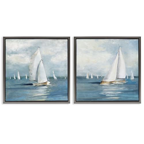 Stupell Industries Sailboat Fleet Vessels 2 Piece Gray Framed Floater Canvas Se…