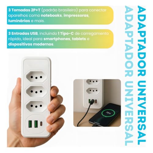 Extensão Tomada,Régua Tomadas, Régua de Energia,Adaptador Tomadaa,Filtro de Linha,Adptador, 3 Tomadas,2 Interfaces USB,1 Porta USB Tipo-C - Qualidade Super Premium