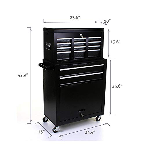 Big Tool Box,Rolling Tool Chest with Sliding Drawers,2 in 1 Tool Cabinet with 4 Swivel Wheels (2Pcs with Brake),Cold Rolled Steel,Black