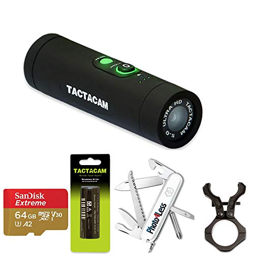 Tactacam Ultimate 5.0 Package Wi-Fi-Hunting Action Camera with Flat Black Stabilizer + Custom Mount + Extra Battery + 64GB Card + Swiss Army Hiker Knife White Limited Edition