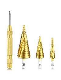 Qibaok - Juego de brocas de paso con punzón central automático, 3 brocas hexagonales de titanio HSS para plástico, madera, aluminio, hoja de metal, métricas 4-12 4-20 0.157-1.260 in