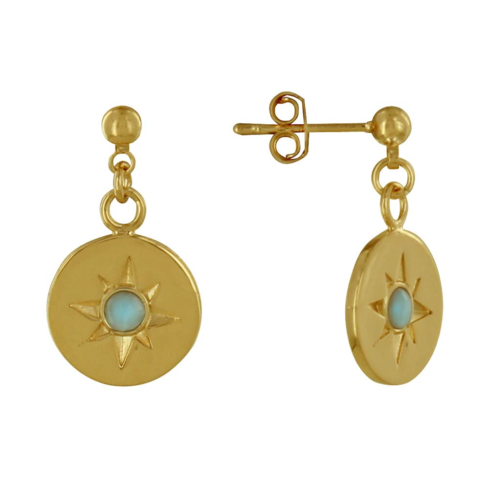 LES POULETTES BIJOUX - Gold Plated Earrings Round Medal Constellation and Half Larimar Pearl