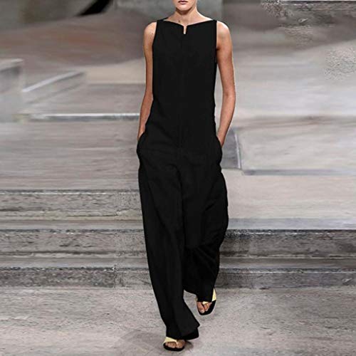 Corriee Jumpsuits for Women Casual Cotton Linen Solid Jumpsuit Sleeveless Wide Leg Loose Long Pant Romper Pockets Black
