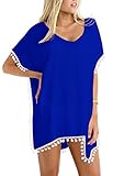Women's Chiffon Pom Pom Kaftan Swimwear Bathing Suit Beach Cover up Free Size Royal Blue