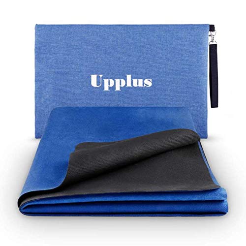 Upplus Travel Yoga Mat, 0.6 Inch Thin Foldable Lightweight Fitness Mat,Machine Washable,Sweat Absorbent,for Hot Yoga,Pilates, Outdoor with Exquisite Carrying Bag, Blue