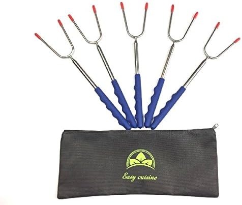Easy Cuisine marshmallow roasting sticks/skewers/forks (set of 5), extendable 45 inch, extra long, smores, hot dog, grilling, BBQ, fire pit, camping, campfire, patio. safe rubber handles, free bag.
