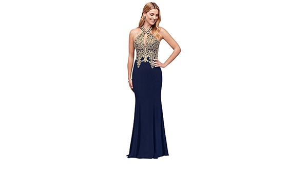 metallic lace and jersey round neck halter gown
