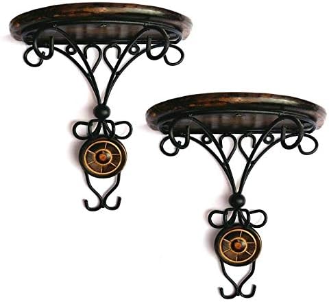 DecorGali Wood Beautiful Wood and Wrought Iron Fancy Wall Bracket (8 cm x 4 cm x 9 cm, Brown, Set of 2)