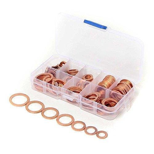 DollaTek 8 Sizes Solid Copper Washers Sump Plug Assortment Washer Set Plastic Box Professional Hardware Accessories - 120PCs