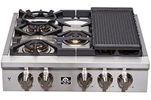FORNO 30" Inch. Drop-In Range Top with 5 Sealed Dual Brass Burners - Stainless Steel Stove Top Heavy Duty Continuous Cast Iron Grates with Auto-ignition, Griddle, Wok-Ring and LP conversion