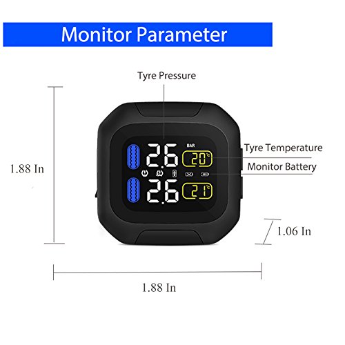 B-Qtech Tire Pressure Monitoring System Wireless Motorcycle Motorbike TPMS Universial Tires Alarm System Waterproof LCD Display with 2 External Sensors for Two-Wheeled