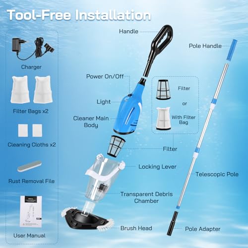 Wireless Pool Vacuum Cleaner, Dual Mode with 31 cm Triangle Brush & Crevice Nozzle, Automatic Immersion Start, 80 min Autonomy, Telescopic Rod 139-199 cm