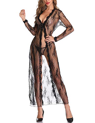 LALAVAVA Women Bride Robes Sexy Sheer Lingerie Lace Floral Kimono Long Bathrobe (65 Black, L)
