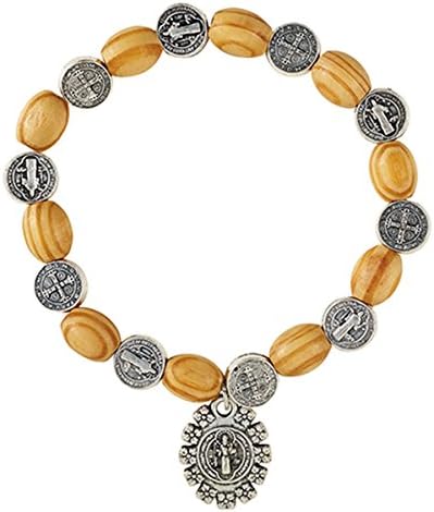 Saint Benedict Evil Protection Medal Wood Bead Bracelet, 7 1/2 Inch