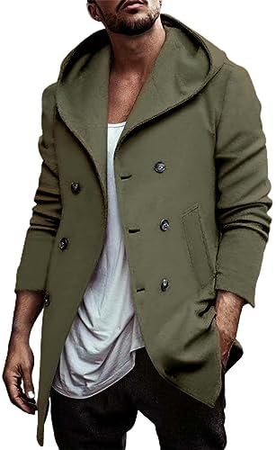 Thatrich Men's Hooded Peacoat Mid Length Trench Coat Oversized