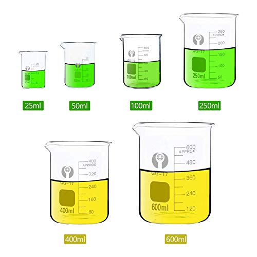 6 Pack Glass Beaker Set 600ml 400ml 250ml 100ml 50ml 25ml Thick Borosilicate Glass Graduated Measuring Low Form Beakers with 1 Brush, Label Papers - Lab Chemistry Beaker