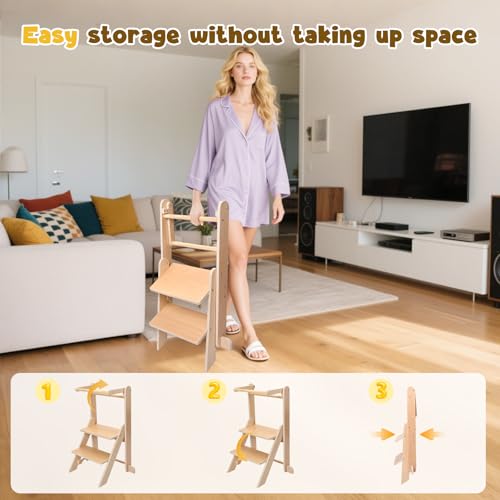 Folding Learning Tower, Observation Tower for 1-5 Year Old, Montessori Learning, Natural Wood Kitchen Helper, Safe and Easy to Assemble (50kg Capacity)