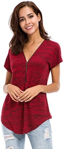 LUSMAY Womens Loose Fitting Zip Up Deep V Neck Short Sleeve Tops Tunic Casual T Shirts Blouse