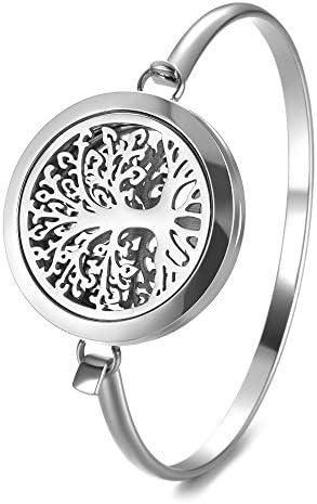 Garden Charms Stainless Steel Hollow Tree of Life Aroma Essential Oils Diffuser Bracelet Locket Bangle with 5 Pieces Felt Pads (GCVA804)