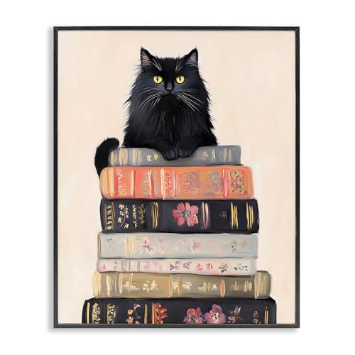 Stupell Industries Book Stack Black Cat Black Framed Giclee Art, design by Arli…
