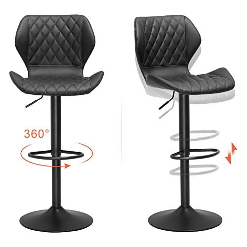 DICTAC Leather Bar Stools Set of 2 Black Adjustable Height Bar Chairs