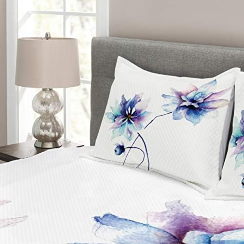 Ambesonne Watercolor Flower Bedspread, Flower Drawing with Mushy Spring Colours Retro Type Floral Art work, Ornamental Quilted 3 Piece Coverlet Set with 2 Pillow Shams, Queen Dimension, White Purple
