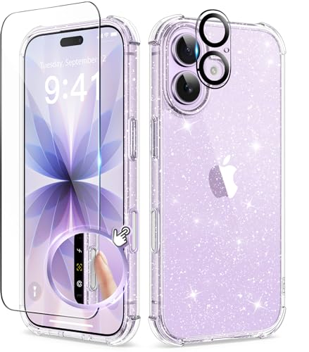 BERFY for iPhone 17 Case for Women, Clear Glitter Shockproof Protective Case, Anti-Yellowing, with Screen Protector & Camera Lens Protector 6.3