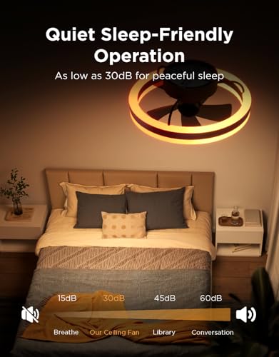 Govee Ceiling Fan with Lights, 20'' RGBIC Oscillating Flush Mount Bladeless Ceiling Fans with Lights and Remote, 12 Speeds Reversible DC Motor, 3100lm, Low Profile Ceiling Fan for Bedroom, Living Room
