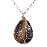 Top Plaza Wire Wrapped Tree of Life Natural Gemstone Teardrop Pendant Necklace Healing Crystal Chakra Jewelry for Women - Tiger Eye Stone