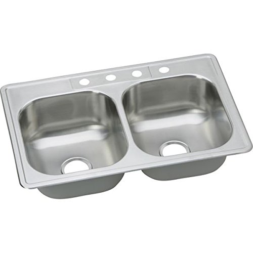 Elkay DSEW1023322MR2 20 Gauge Stainless Steel Double Bowl Top Mount Kitchen Sink, 33 x 22 x 8.0625