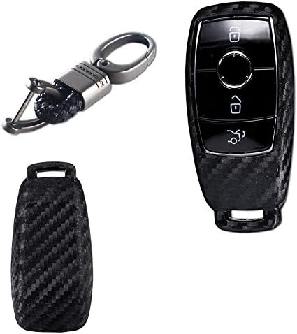 TurningMax Keyless Entry Remote Case Key Fob Cover Carbon Fiber Looks Style Soft Silicone Holder Shell with Black Braid Key Chain for Mercedes Benz E Class, 2018 up S Class, 2017 2018 W213, etc