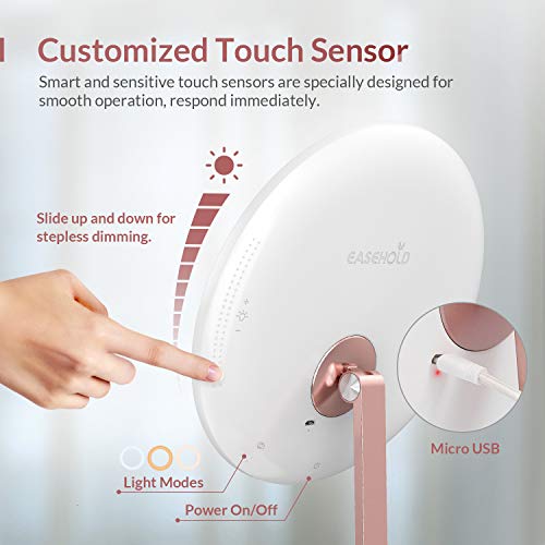 EASEHOLD Makeup Vanity Mirror Rechargeable with 3 Colors 52 LEDs Lights Smart Touch Sensor Dimmable 1X/10X Magnifying Cosmetic Beauty High Definition Circle Portable Countertop Desk Face Mirror