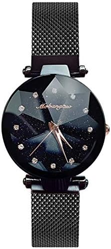 RORIOS Fashion Analogue Quartz Ladies Watch Magnetic Mesh Strap Beautiful Starry Sky Dial Simulated Diamond Wrist Watch