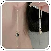 Aneneiceera Vintage Enamel Square Chain Threader Earrings Gold Bar Tassel Drop Earring Long Bar Pull Through Earrings Minimalist Dangle Earring Jewelry for Women