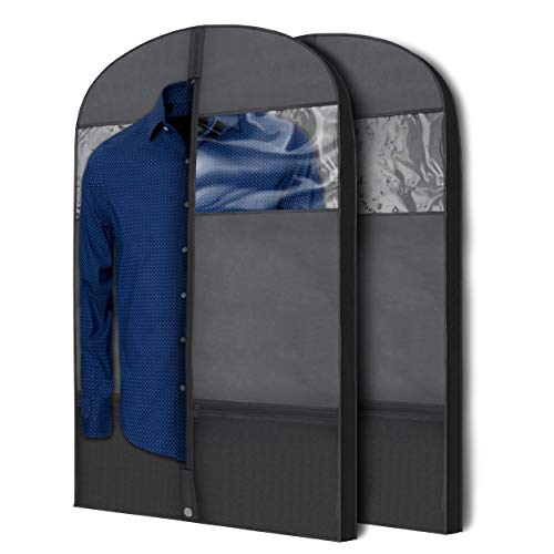 Plixio Gusseted Garment Bags Suit Bag for Travel and Clothing Storage of Dresses, Dress Shirts, Coats- Includes Zipper Pockets and Large Transparent Window (2 Pack: 43" x 24" x 3.4")