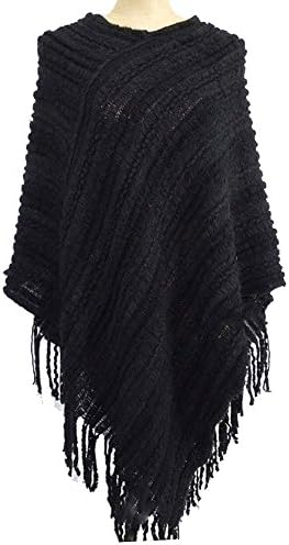 TJ CLOTHES Womens Textured Two Tone Asymmetrical Poncho Cape Shawl Wrap With Fringe Hem(K4715) (One Size, Black)