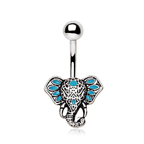 Pierced Owl 14GA 316L Stainless Steel Turquoise Tribal Elephant Belly Button Ring