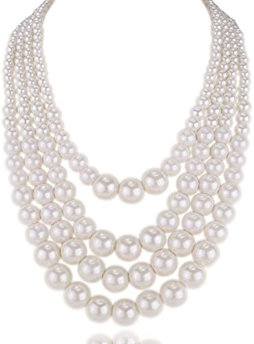 Kalse Resin White Simulated Pearl Multiple 4 Layers Strand Chunky Dressy Bib Charm Necklace (4 Strands)