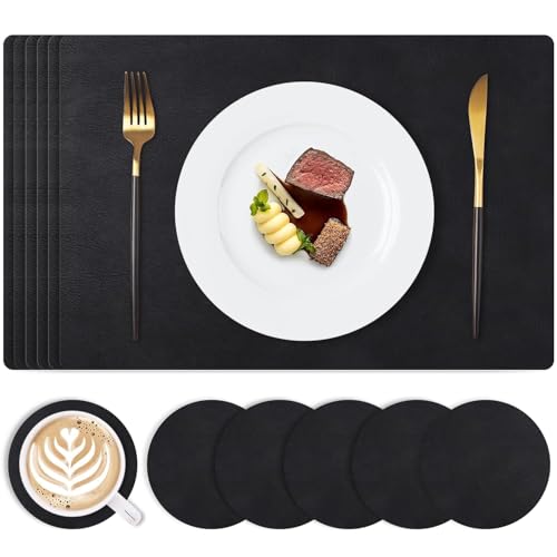 Manteles Individuales para Mesa de Piel, Set de 6 Manteles Individuales y Portavasos, Tapetes para Mesa de Comedor Impermeable, Resistente al Calor, Mantel Individual para el Hogar, Hotel (Negro)