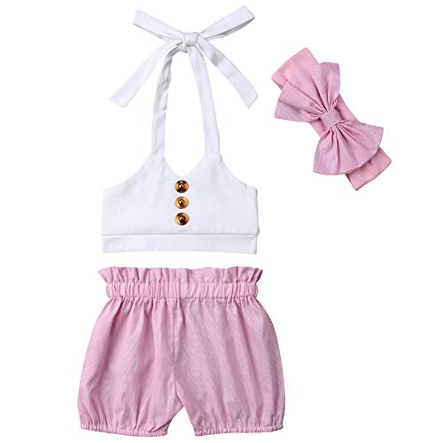 3Pcs Toddler Baby Girl Summer Outfit White Halter Button Crop Top+Elastic Shorts Pants Clothes Set (12-18 Months)