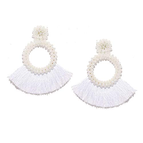 Beaded Tassel Earrings for Women - Statement Handmade Beaded Fringe Dangle Earrings, Idea Gift for Mom, Sister and Friend (Y-White)