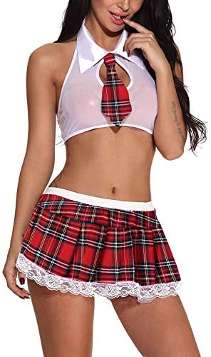 LLuuer Women Schoolgirl's Outfit Costume Lingerie Set with Tie Top Shirt Mini Skirt