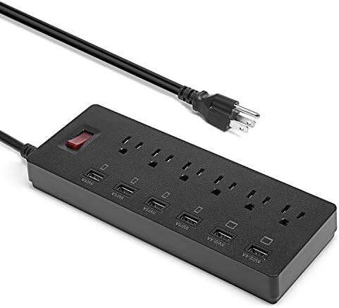 Power Strip Surge Protector USB Charger 6 AC Outlets + 6 Smart USB Charging Ports (6A Max) 1625W/13A Portable Power Strip Flat Plug with 6 Foot Long Cord for Desktop Travel Home Office (black)