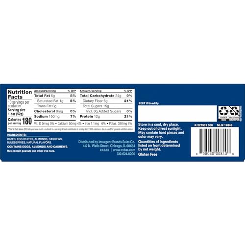 RXBAR PROTEIN BARS, PROTEIN SNACK, SNACK BARS, BLUEBERRY, 18.3OZ BOX (10 BARS)