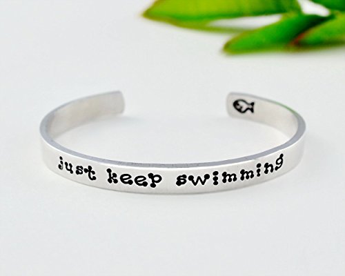 just keep swimming - Hand Stamped Aluminum Cuff Bracelet, Motivational Inspirational Message Jewelry, Courage, Don't Give Up, Move On, Best Friend BFF Gift