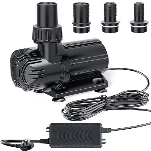 POPOSOAP 4600 L/h DC Pond Pump, Safe 24V Low Voltage Quiet Water Feature Pump with AC/DC Converter, 4 Hose Adapters for Garden Ponds, Aquariums, Fountains, Water Features